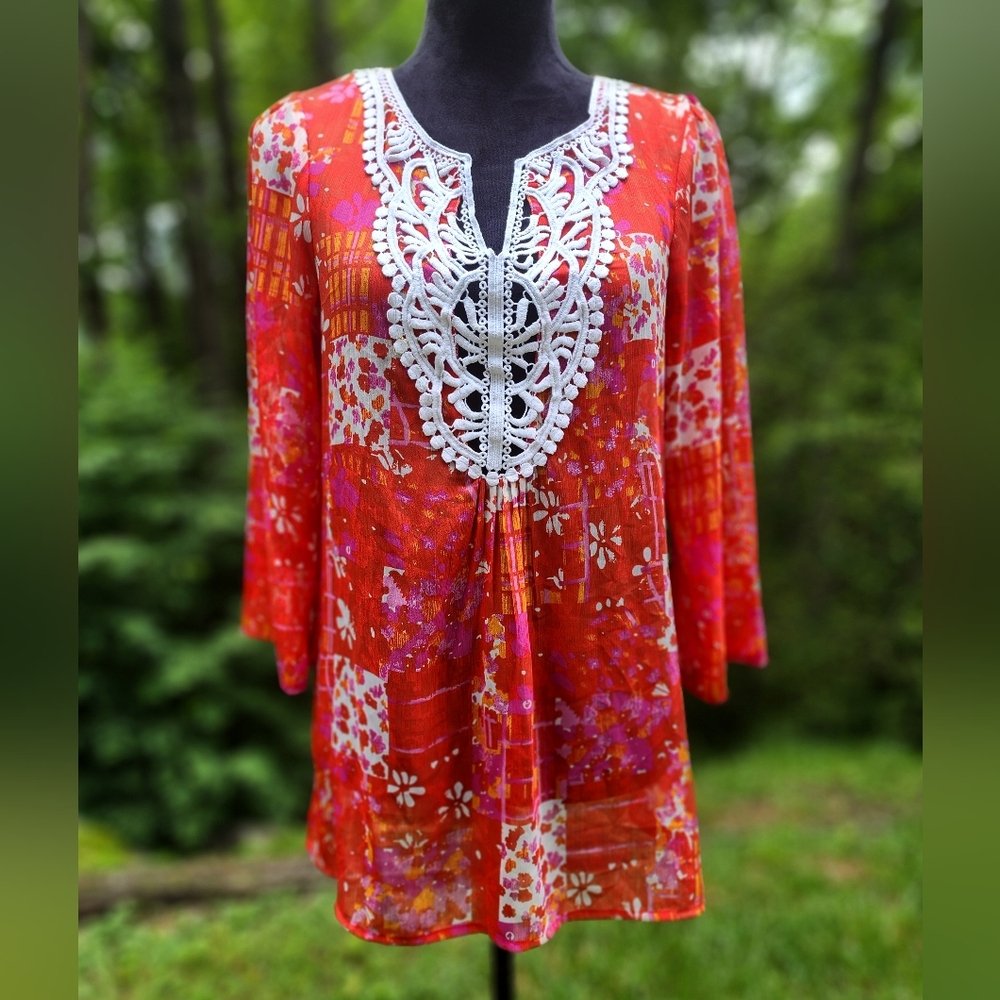 Sheer Lightweight Red Coral & Lace Tunic Top